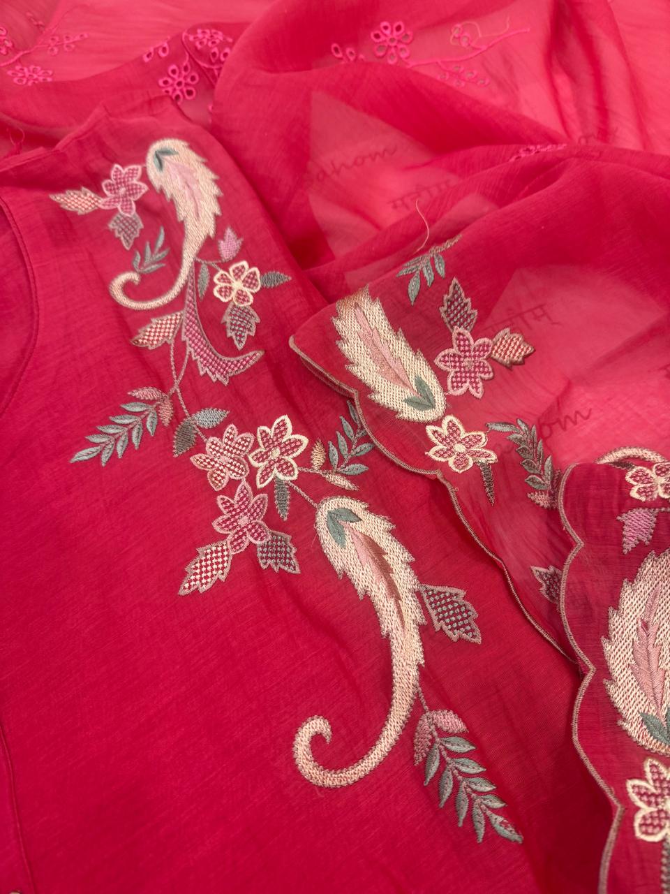 Pure Mul Chanderi Multicolor Embroidered Semi-Stitched Kurta Dupatta Set