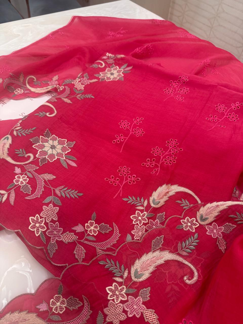 Pure Mul Chanderi Multicolor Embroidered Semi-Stitched Kurta Dupatta Set