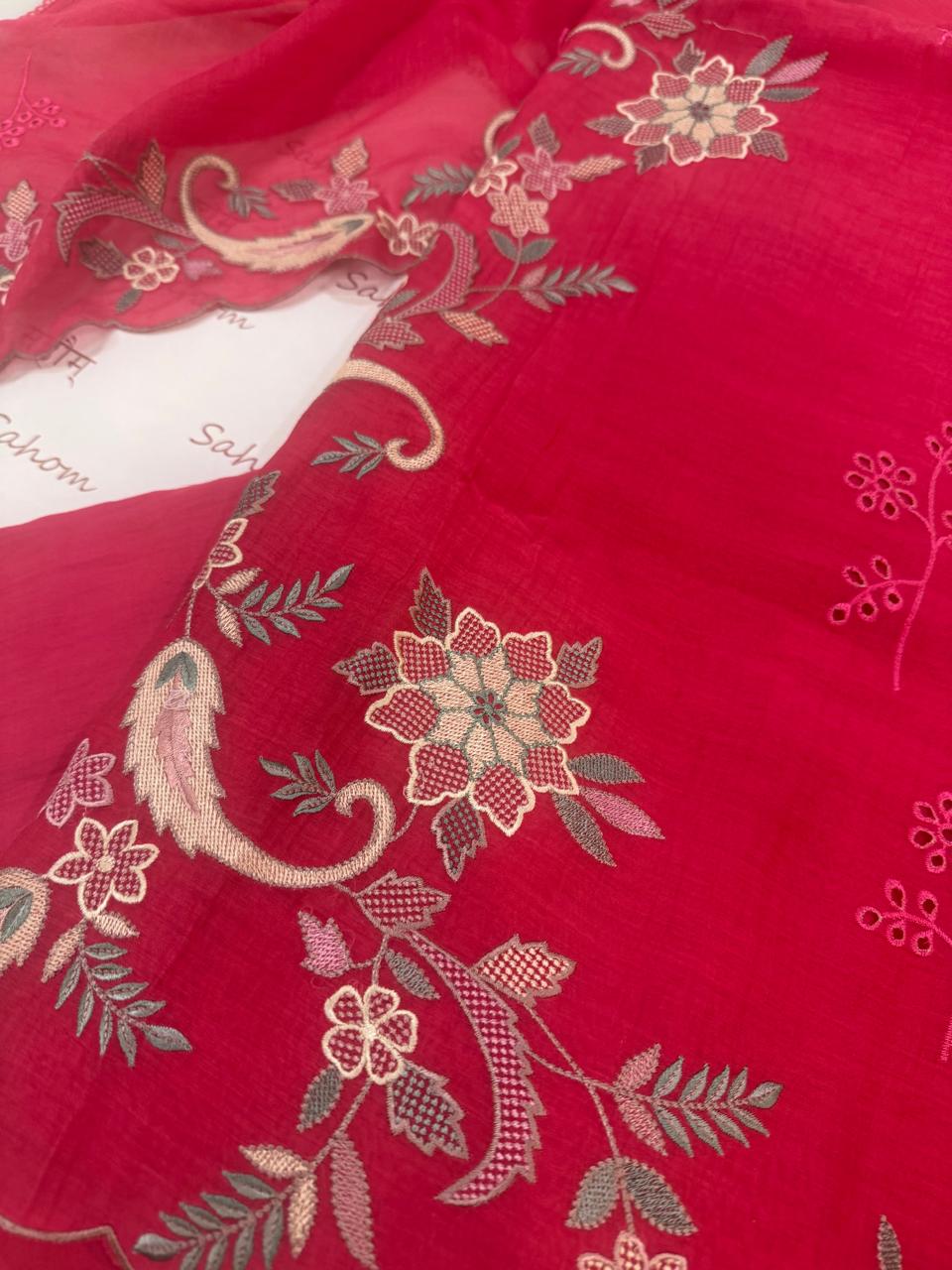Pure Mul Chanderi Multicolor Embroidered Semi-Stitched Kurta Dupatta Set