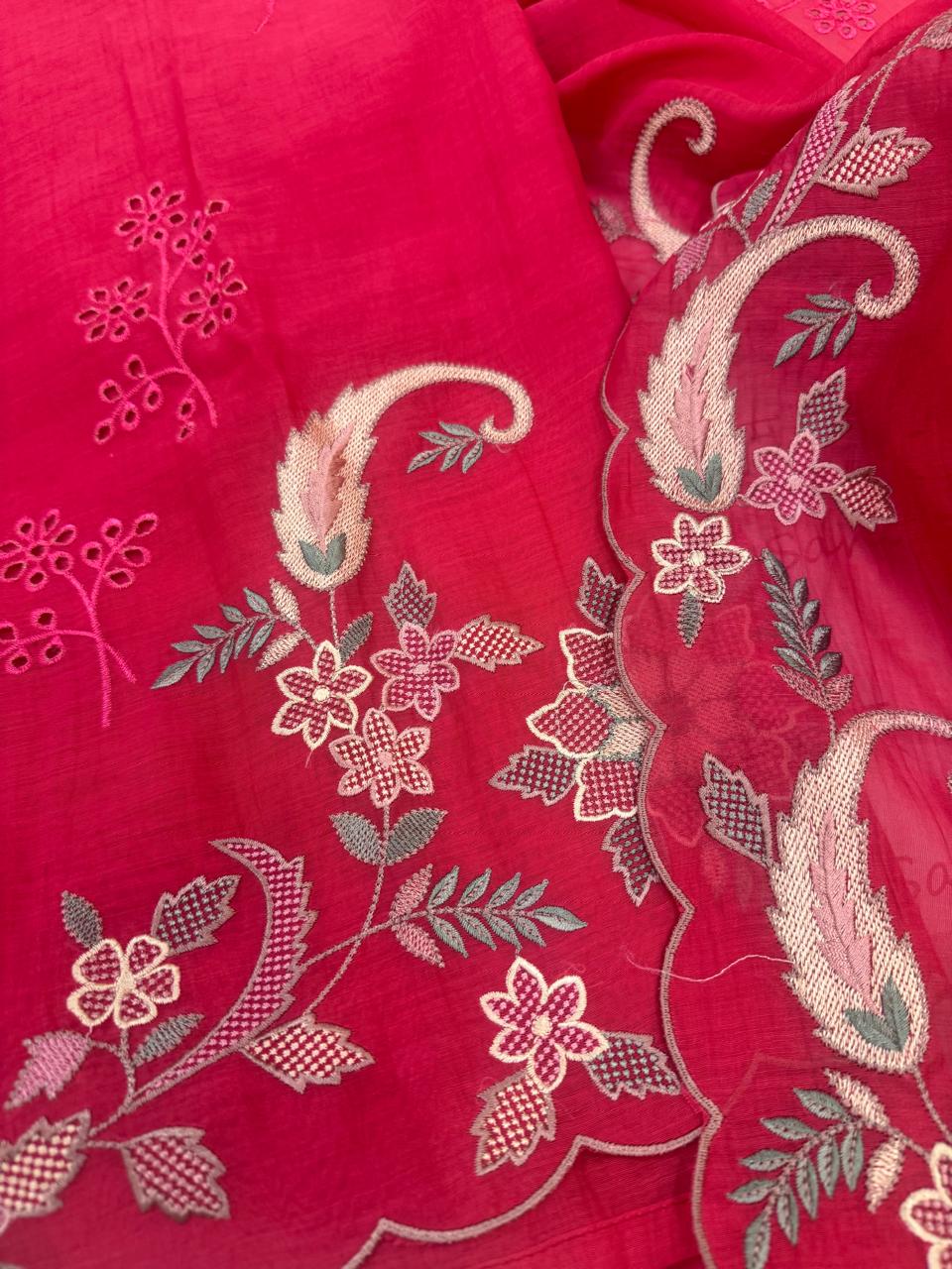 Pure Mul Chanderi Multicolor Embroidered Semi-Stitched Kurta Dupatta Set