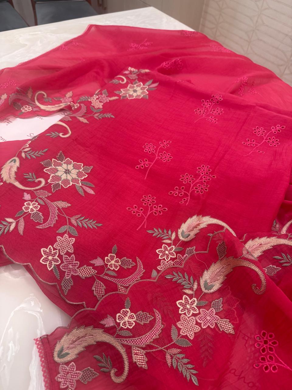 Pure Mul Chanderi Multicolor Embroidered Semi-Stitched Kurta Dupatta Set