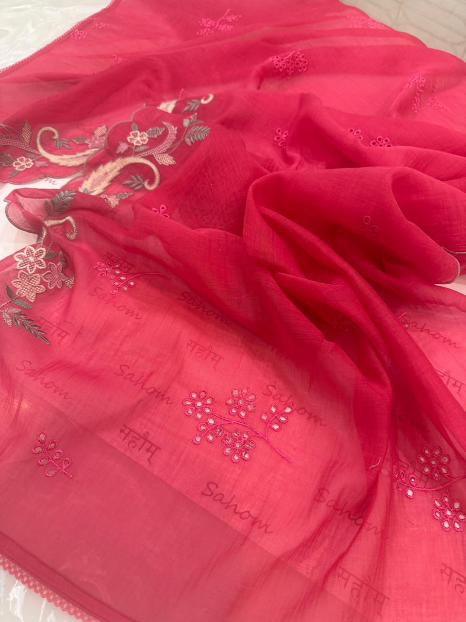 Pure Mul Chanderi Multicolor Embroidered Semi-Stitched Kurta Dupatta Set