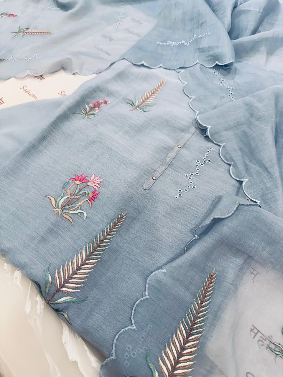 Mul chanderi semi-stitched kurta & dupatta set