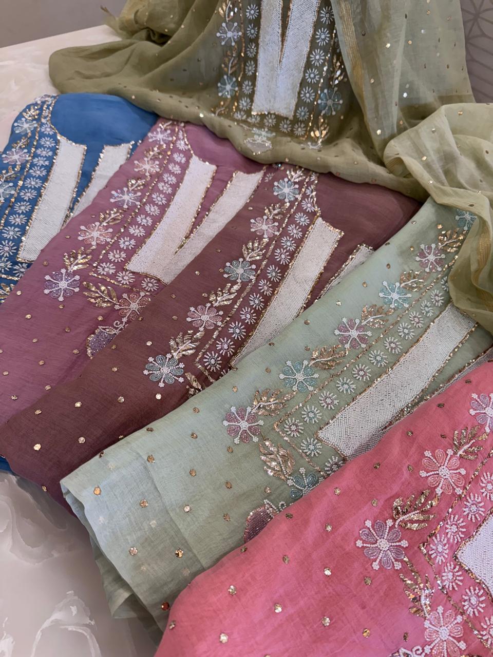 Pure Mul Chanderi Kurta Set with Handcrafted Mukaish, Pitta & Nalki Work