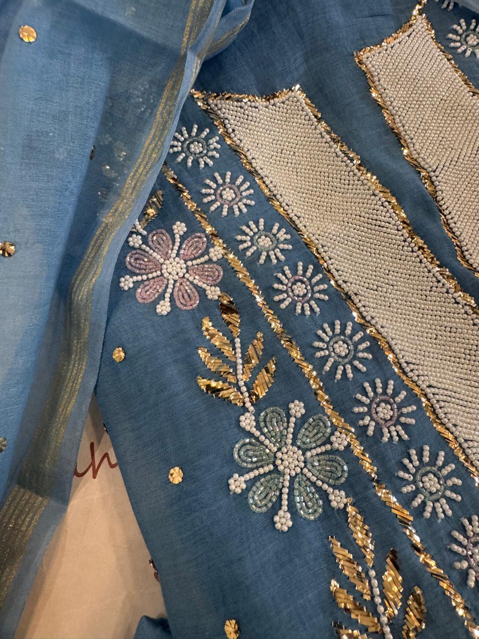 Pure Mul Chanderi Kurta Set with Handcrafted Mukaish, Pitta & Nalki Work