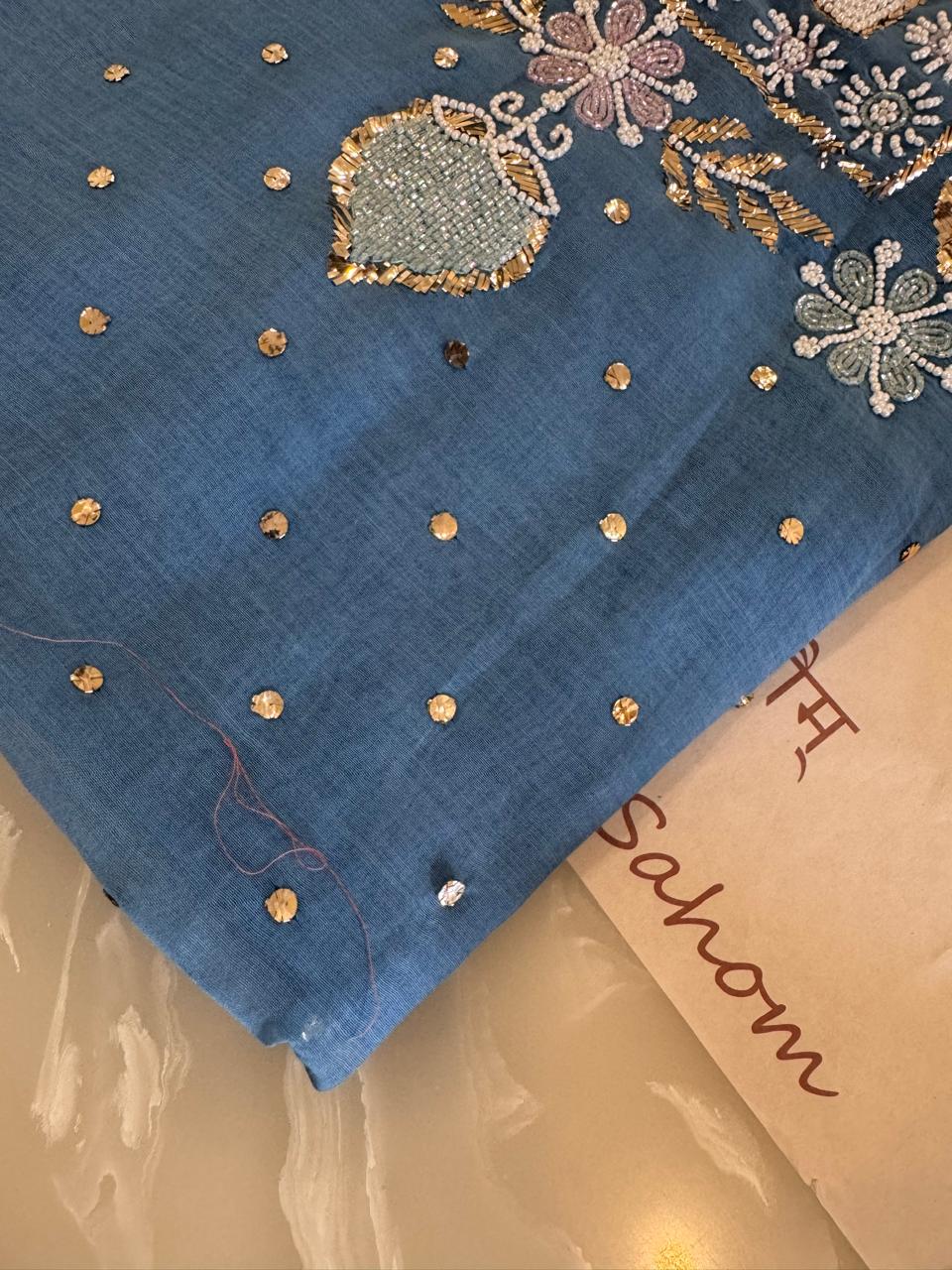 Pure Mul Chanderi Kurta Set with Handcrafted Mukaish, Pitta & Nalki Work