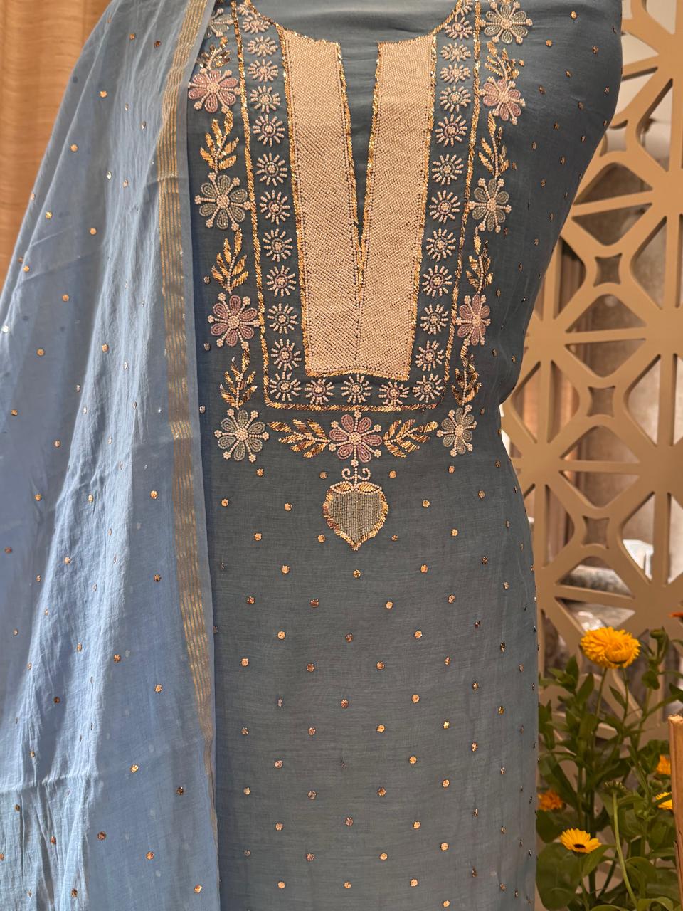 Pure Mul Chanderi Kurta Set with Handcrafted Mukaish, Pitta & Nalki Work