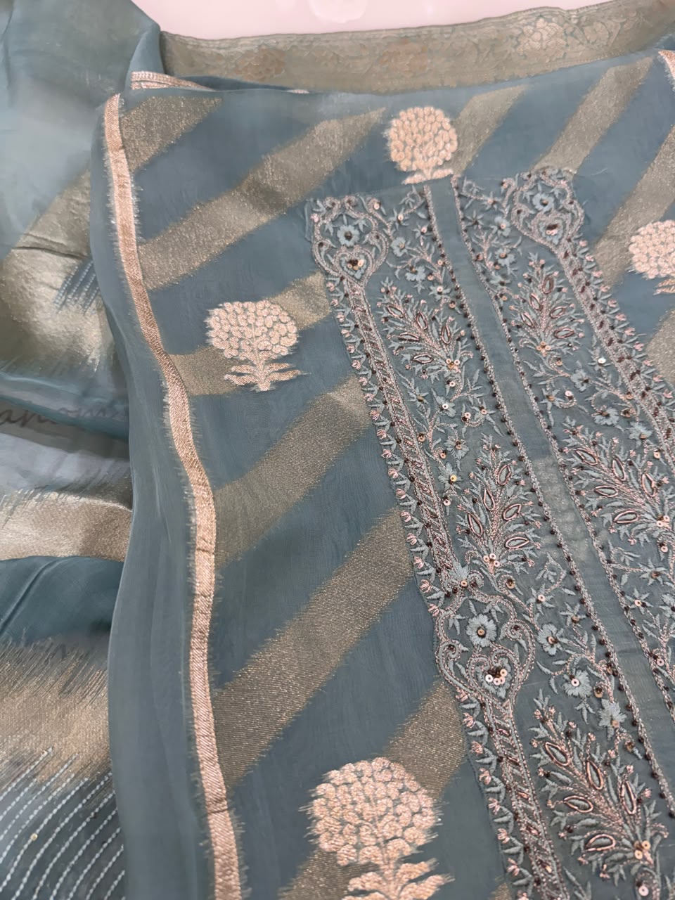 Soft Organza Chanderi Banarasi Butti Kurta Set with Hand Embroidered Neckline