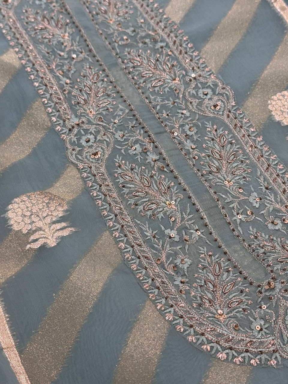 Soft Organza Chanderi Banarasi Butti Kurta Set with Hand Embroidered Neckline