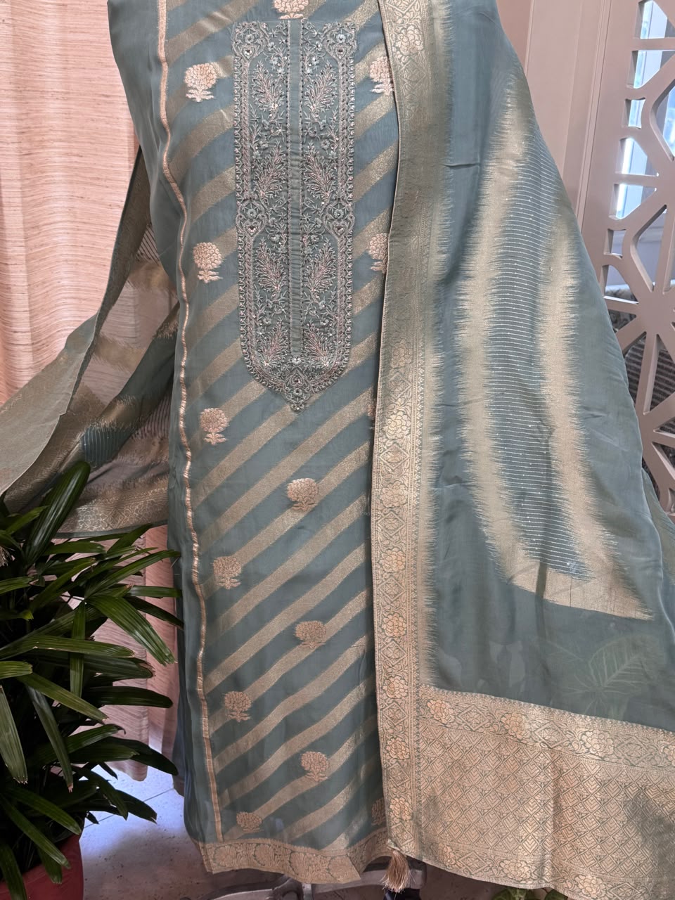 Soft Organza Chanderi Banarasi Butti Kurta Set with Hand Embroidered Neckline