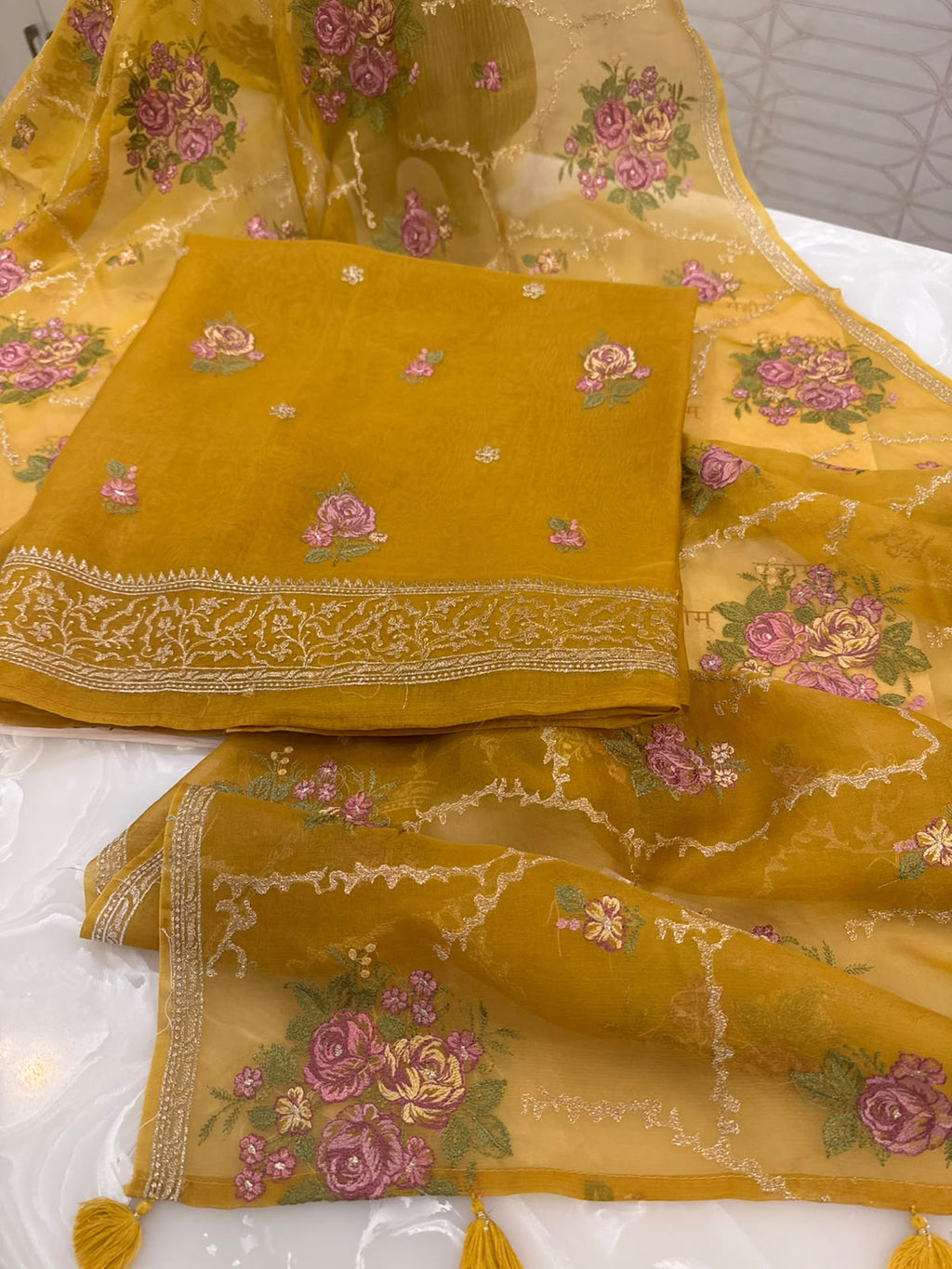 Elegant Parsi Embroidered Organza Suit Set