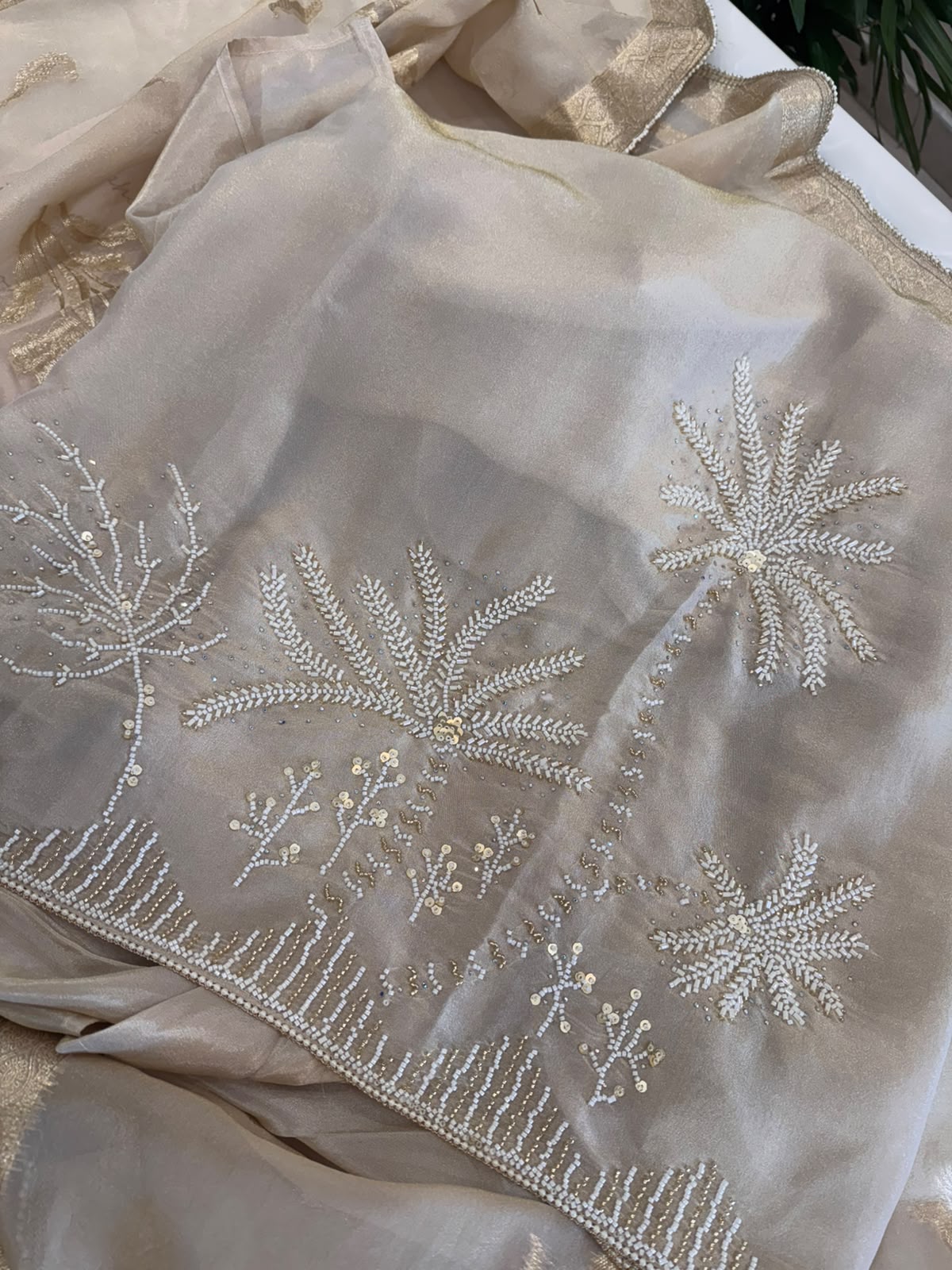 Soft Silk Tissue Kurta Set with Pearl Work & Banarsi Dupatta