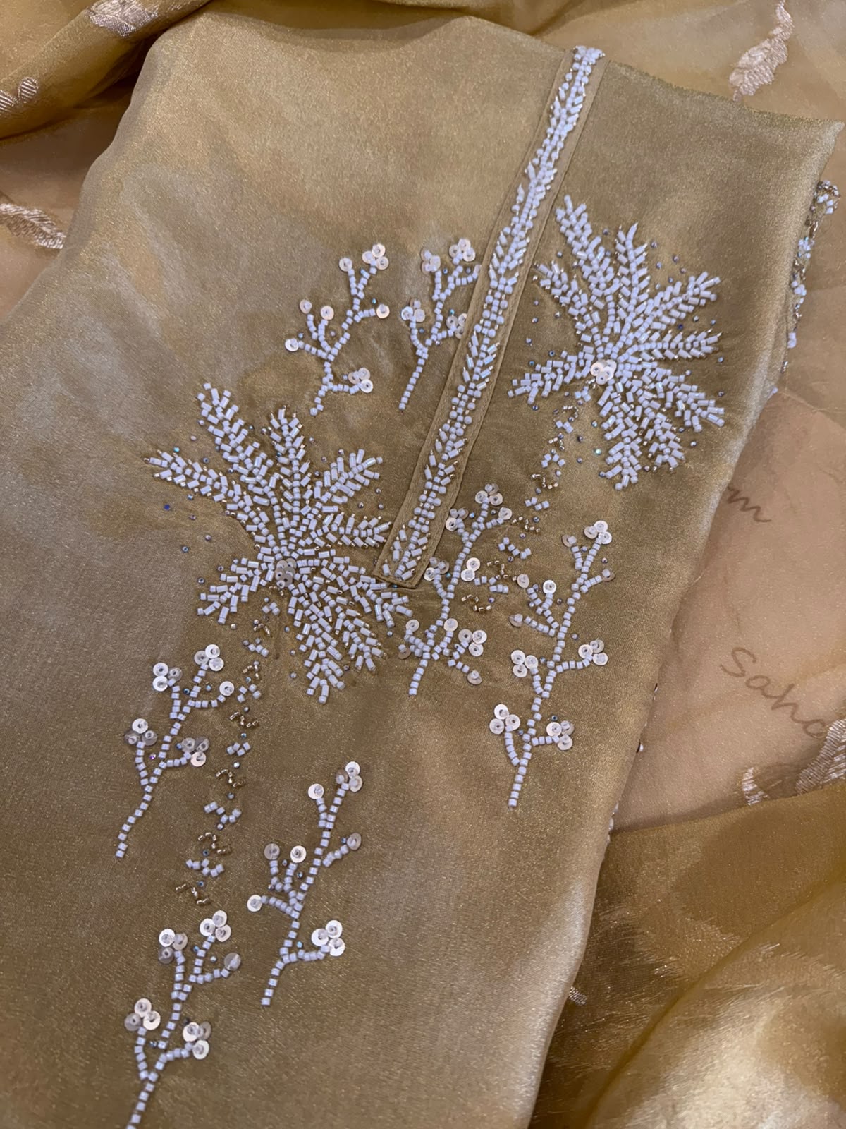 Soft Silk Tissue Kurta Set with Pearl Work & Banarsi Dupatta