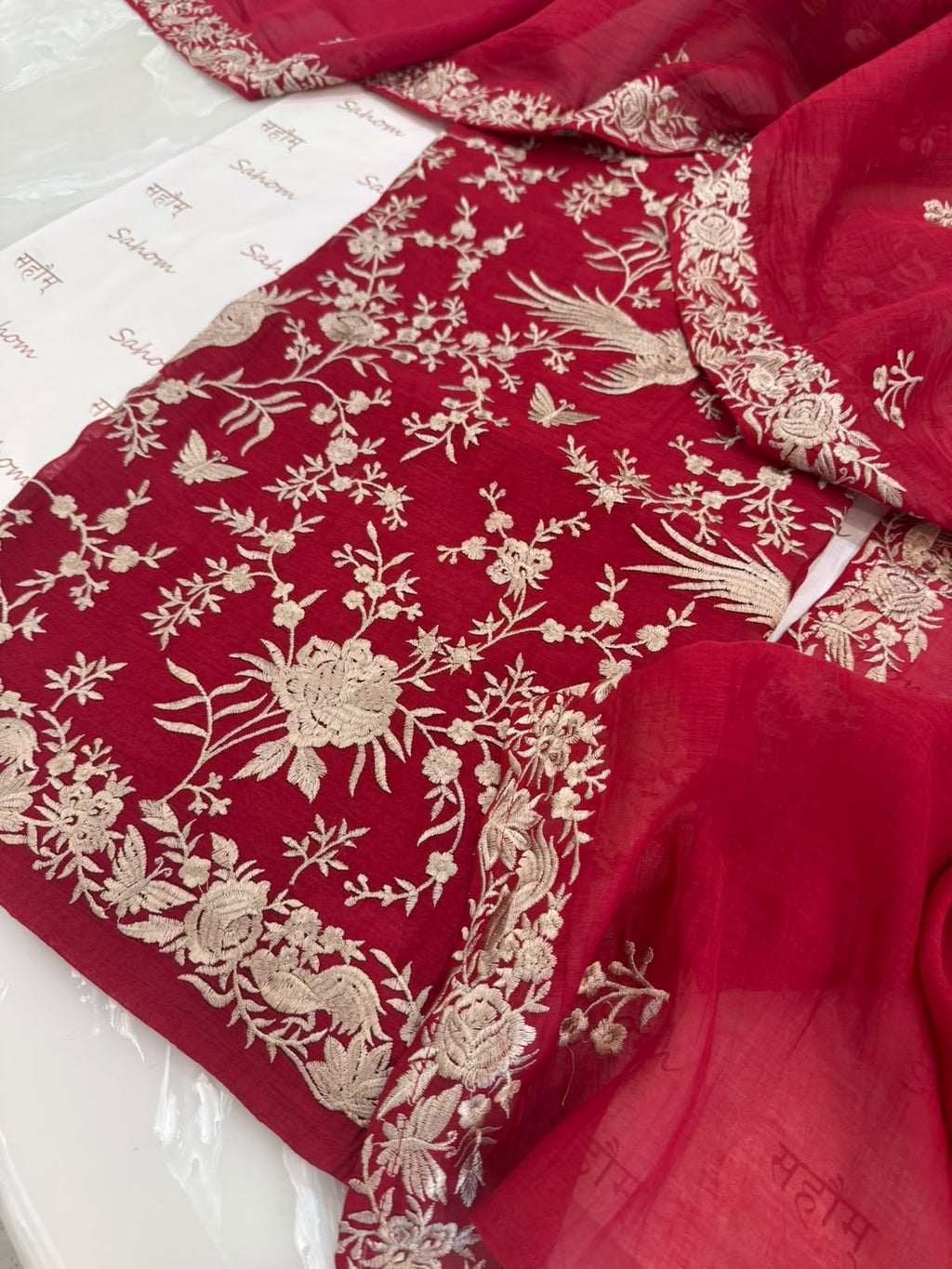Pure Mul Chanderi Parsi Work Embroidered Suit Set – Red Navratri Collection