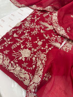 Pure Mul Chanderi Parsi Work Embroidered Suit Set – Red Navratri Collection