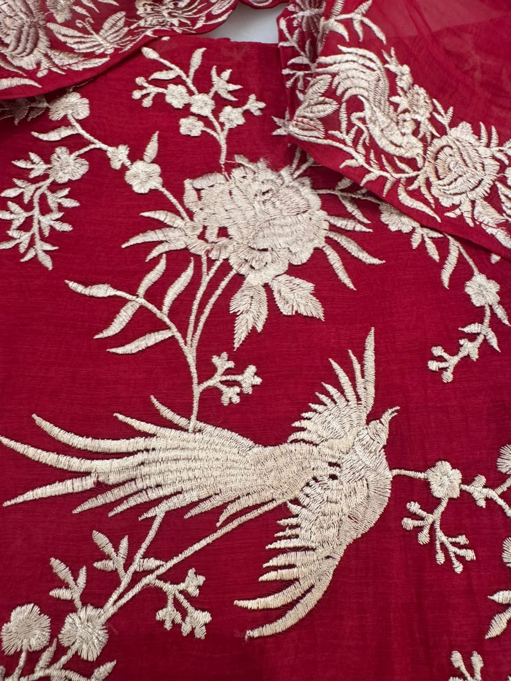 Pure Mul Chanderi Parsi Work Embroidered Suit Set – Red Navratri Collection