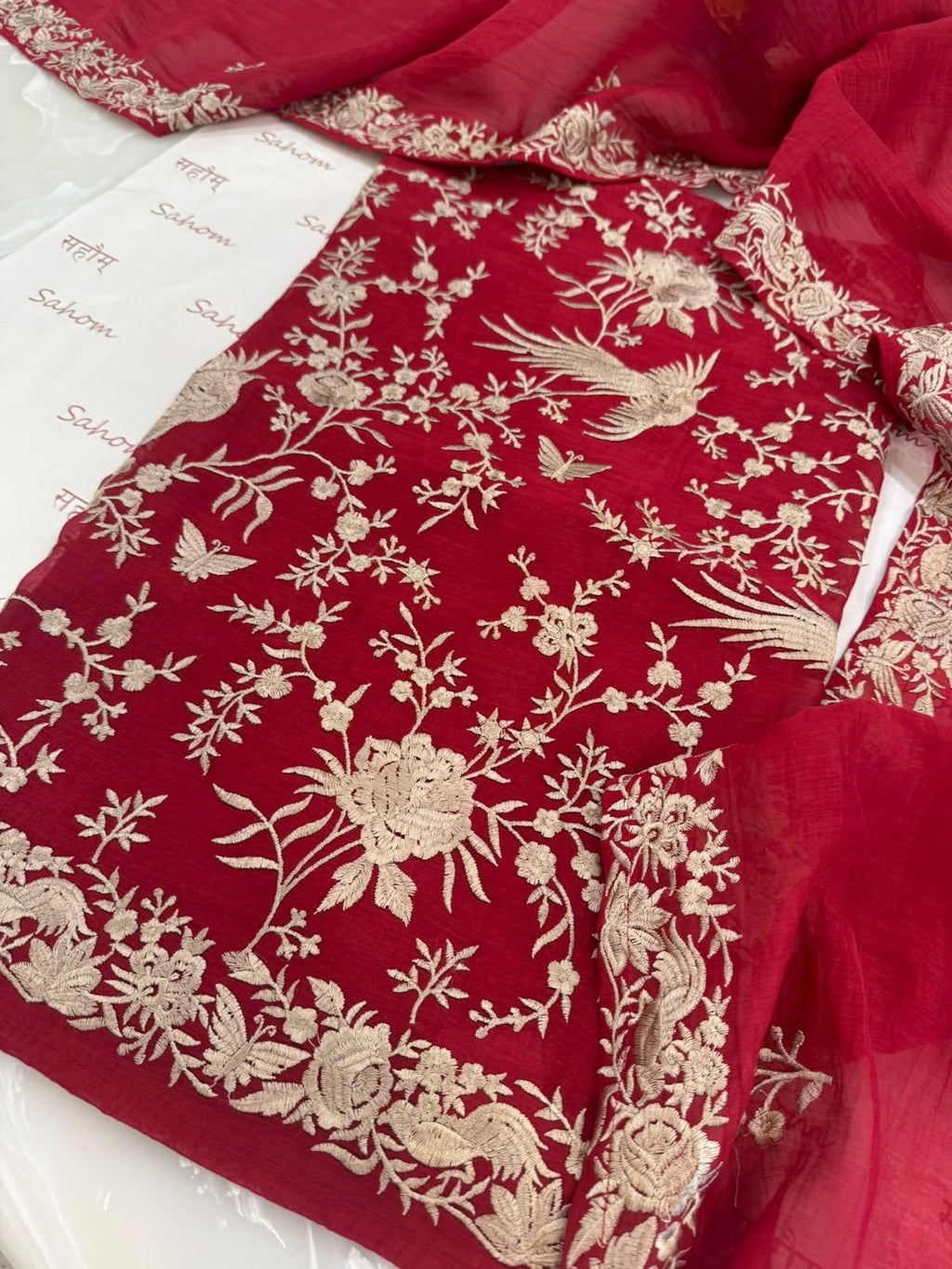 Pure Mul Chanderi Parsi Work Embroidered Suit Set – Red Navratri Collection