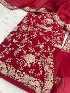Pure Mul Chanderi Parsi Work Embroidered Suit Set – Red Navratri Collection
