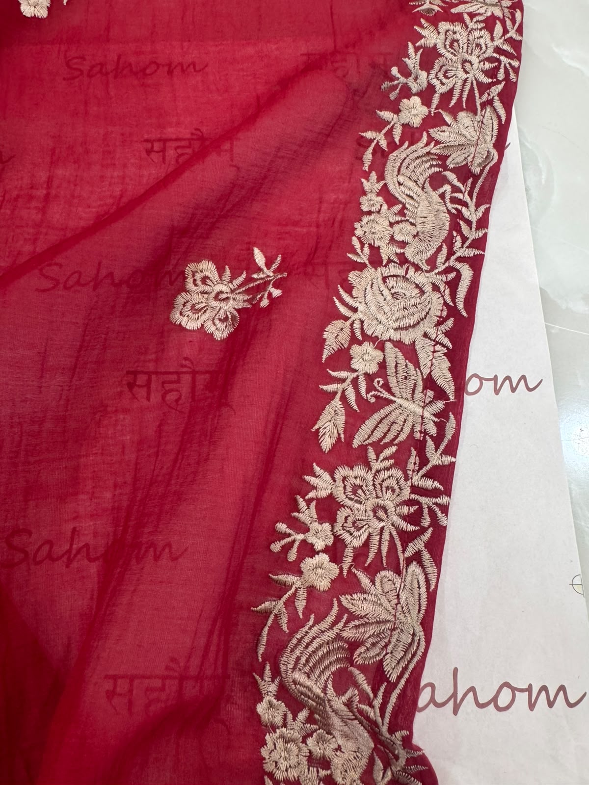 Pure Mul Chanderi Parsi Work Embroidered Suit Set – Red Navratri Collection