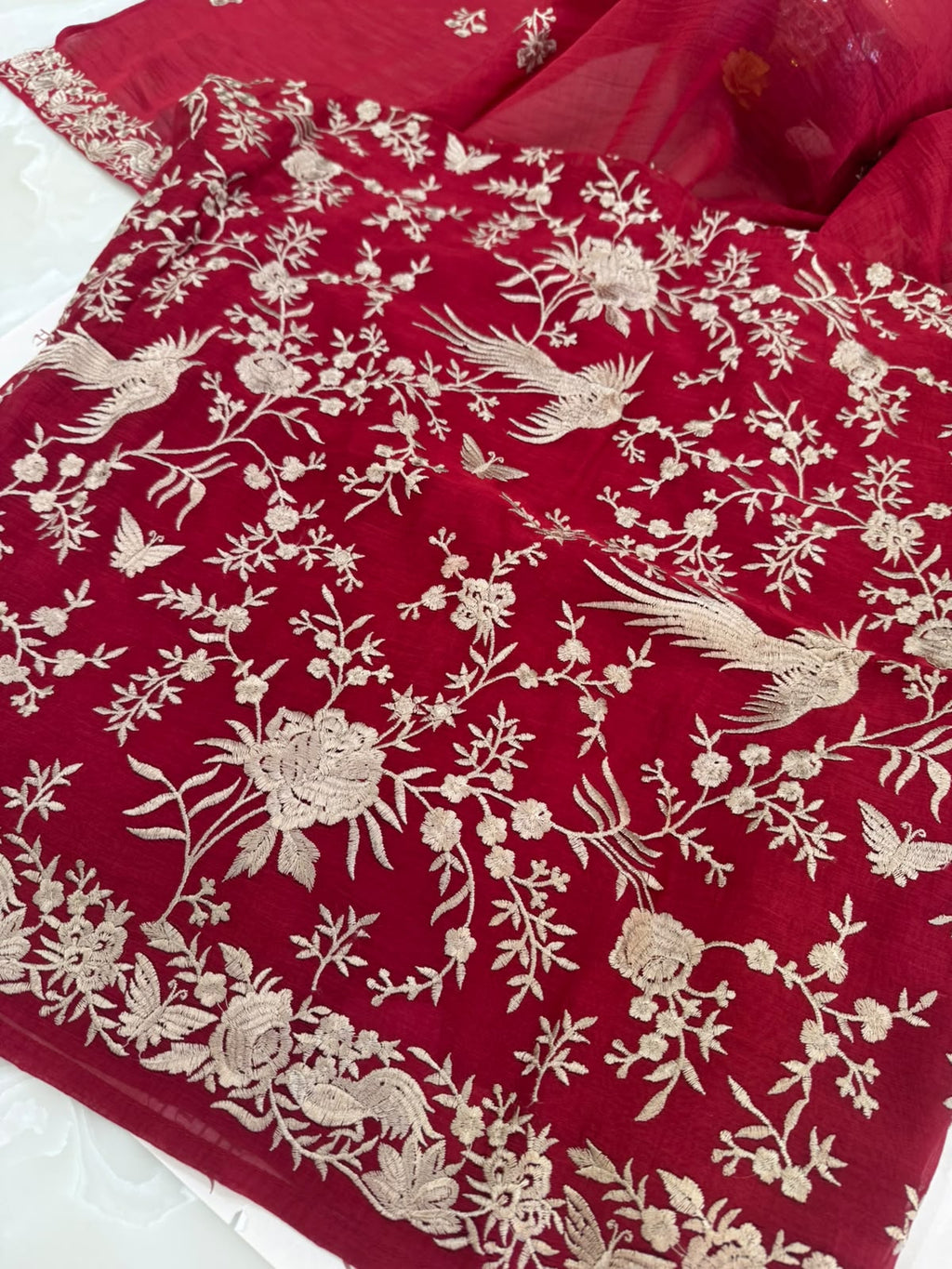 Pure Mul Chanderi Parsi Work Embroidered Suit Set – Red Navratri Collection