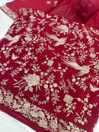Pure Mul Chanderi Parsi Work Embroidered Suit Set – Red Navratri Collection