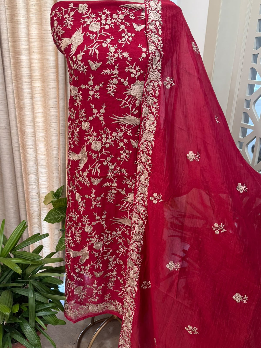 Pure Mul Chanderi Parsi Work Embroidered Suit Set – Red Navratri Collection