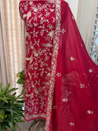Pure Mul Chanderi Parsi Work Embroidered Suit Set – Red Navratri Collection