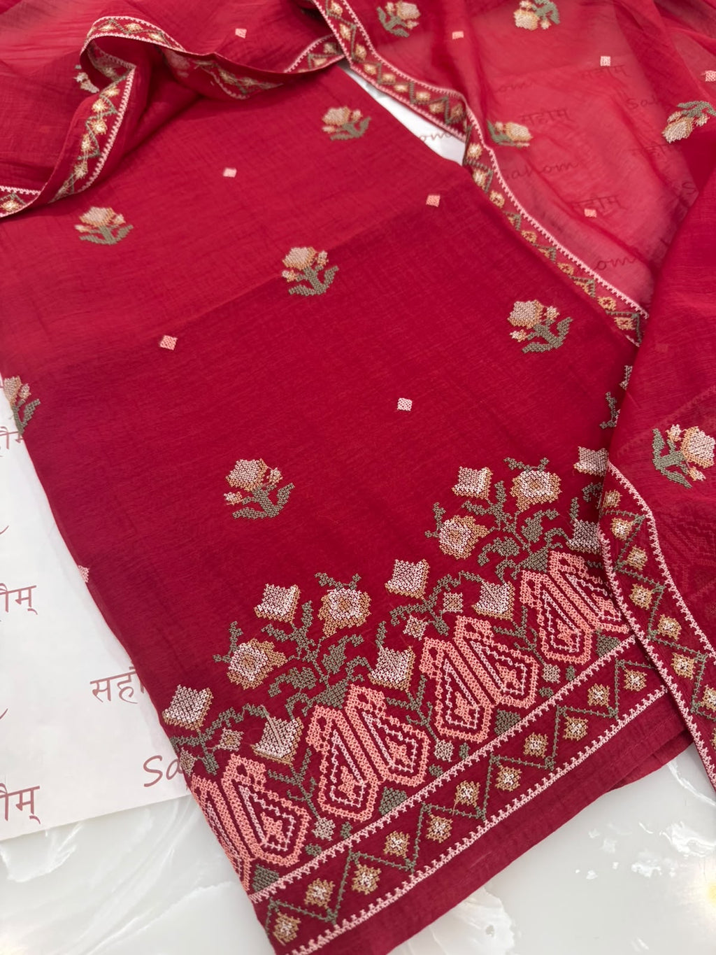 Pure Mul Chanderi Cross-Stitch Embroidered Suit Set – Red Navratri Collection