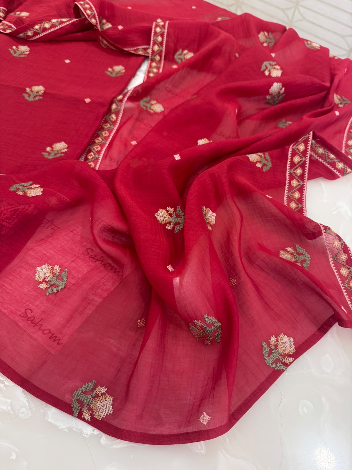 Pure Mul Chanderi Cross-Stitch Embroidered Suit Set – Red Navratri Collection