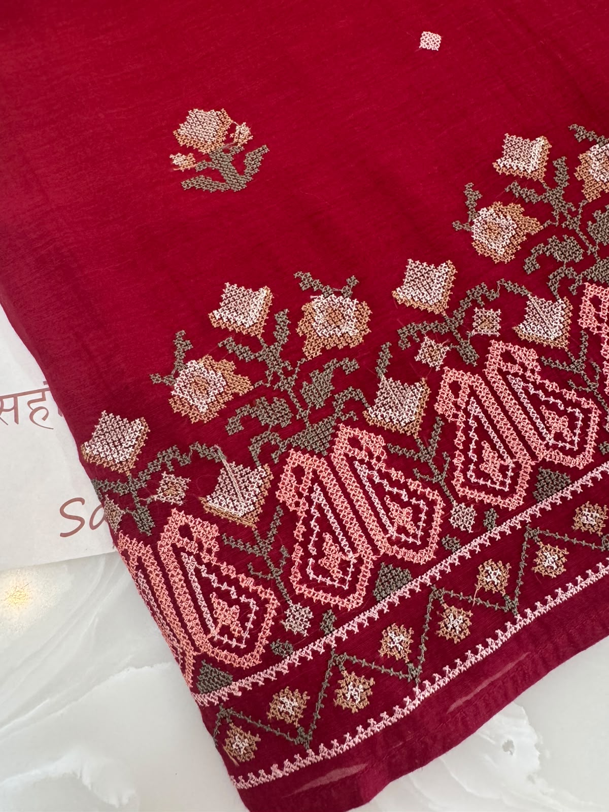 Pure Mul Chanderi Cross-Stitch Embroidered Suit Set – Red Navratri Collection