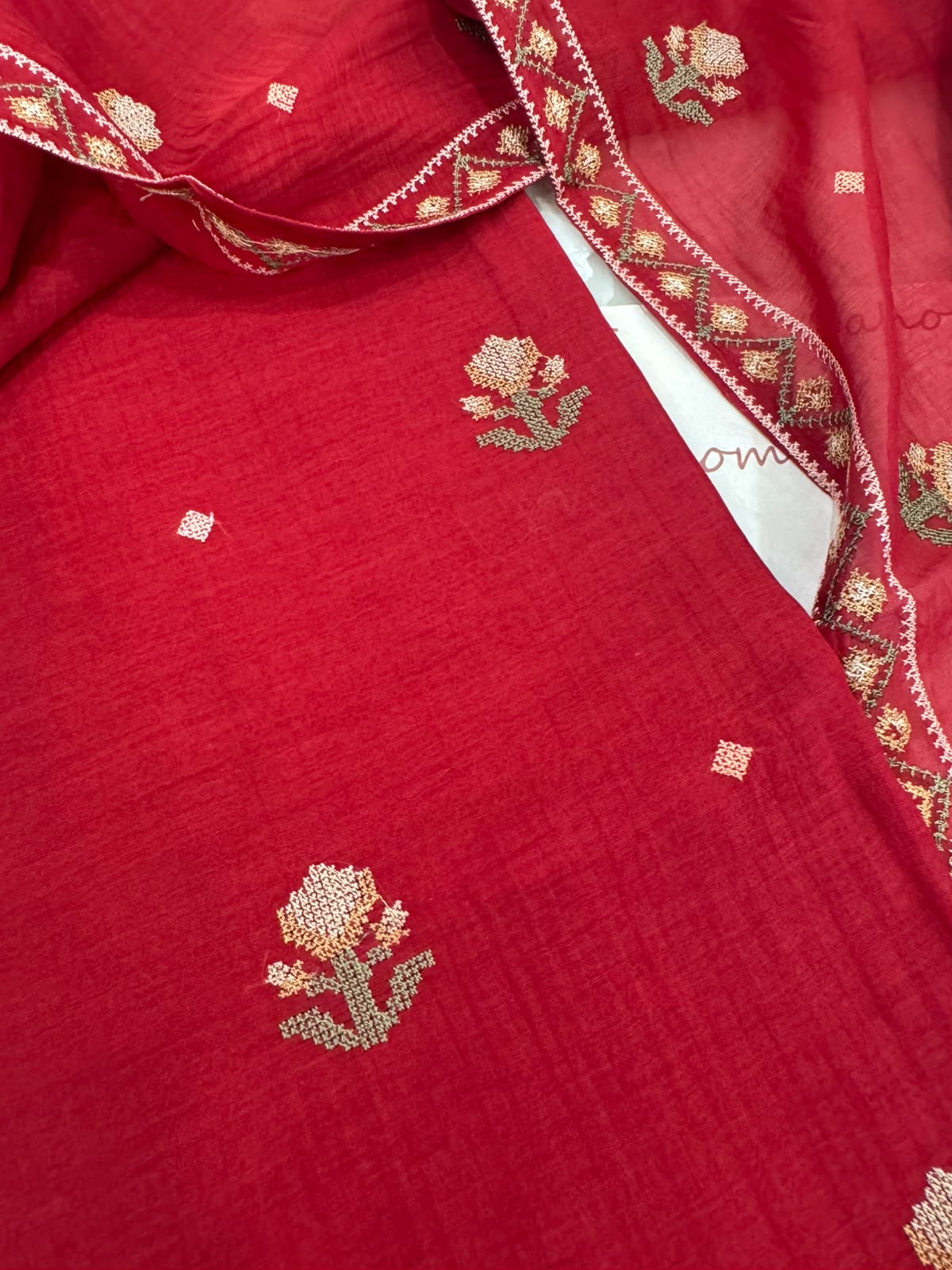 Pure Mul Chanderi Cross-Stitch Embroidered Suit Set – Red Navratri Collection