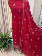 Pure Mul Chanderi Cross-Stitch Embroidered Suit Set – Red Navratri Collection