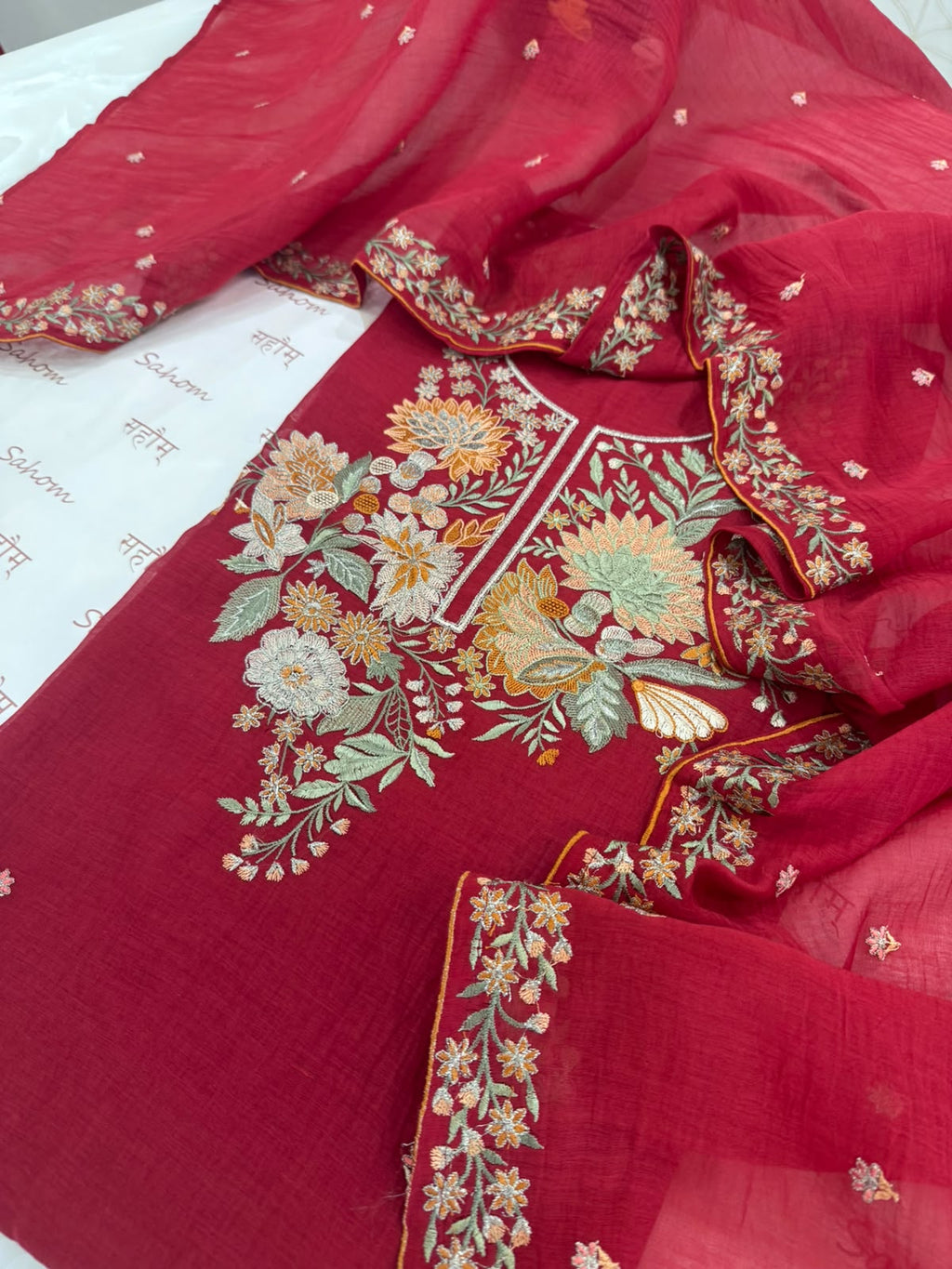 Pure Mul Chanderi Kashmiri Work Embroidered Suit Set – Red