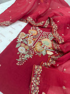 Pure Mul Chanderi Kashmiri Work Embroidered Suit Set – Red