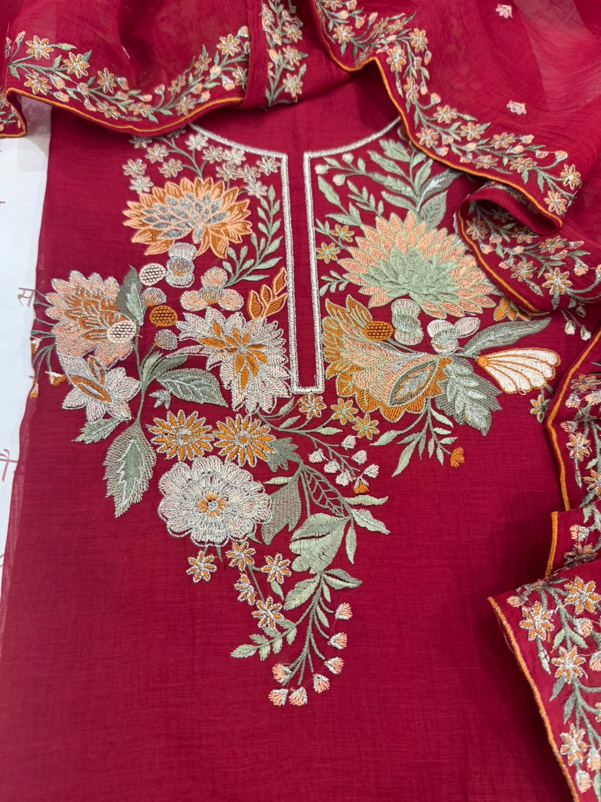 Pure Mul Chanderi Kashmiri Work Embroidered Suit Set – Red