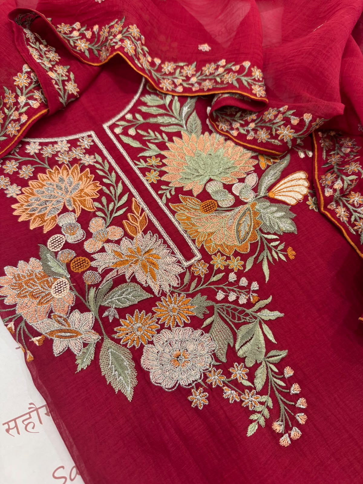 Pure Mul Chanderi Kashmiri Work Embroidered Suit Set – Red