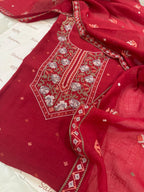Pure Mul Chanderi Cross Stitch Embroidered Suit Set – Red
