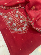 Pure Mul Chanderi Cross Stitch Embroidered Suit Set – Red