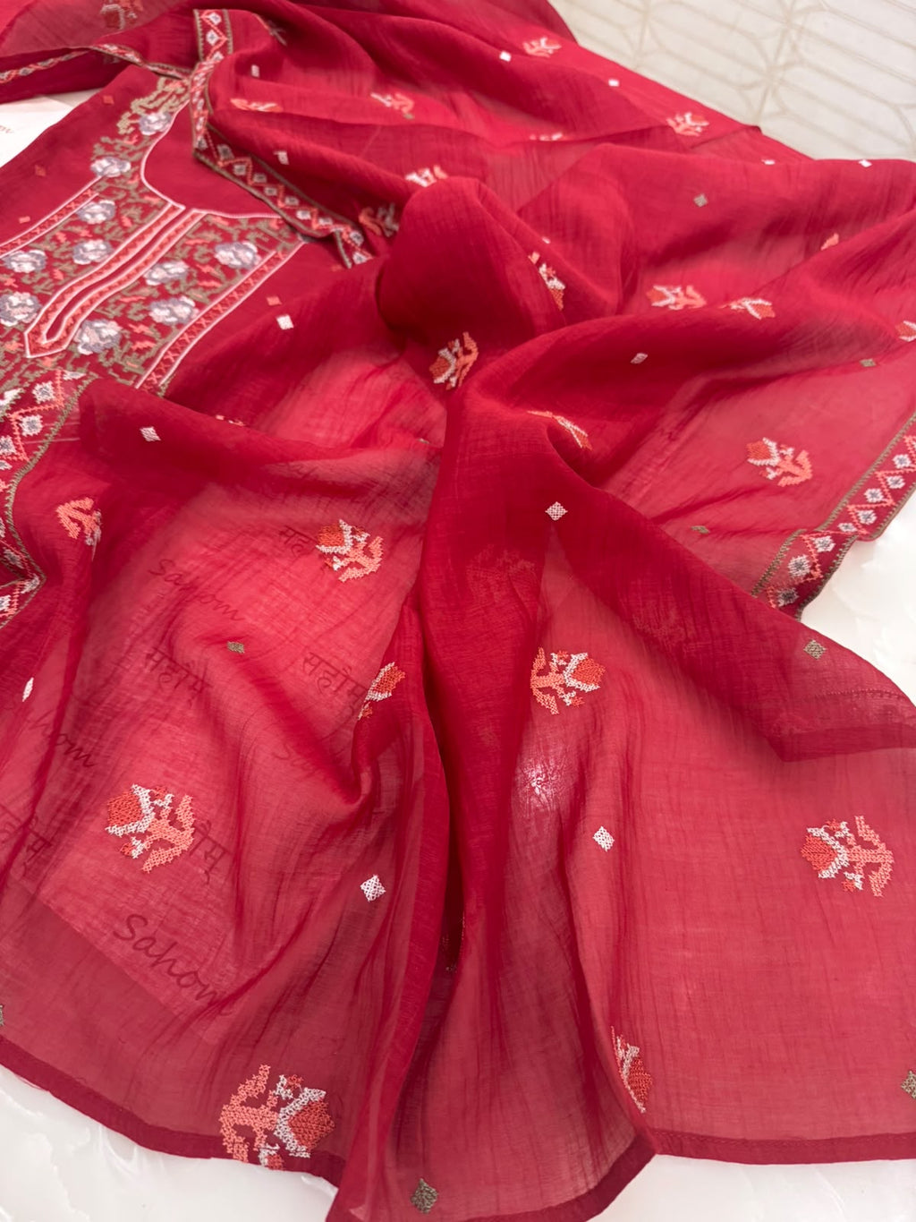 Pure Mul Chanderi Cross Stitch Embroidered Suit Set – Red