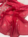 Pure Mul Chanderi Cross Stitch Embroidered Suit Set – Red