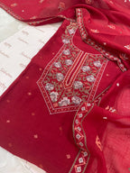 Pure Mul Chanderi Cross Stitch Embroidered Suit Set – Red