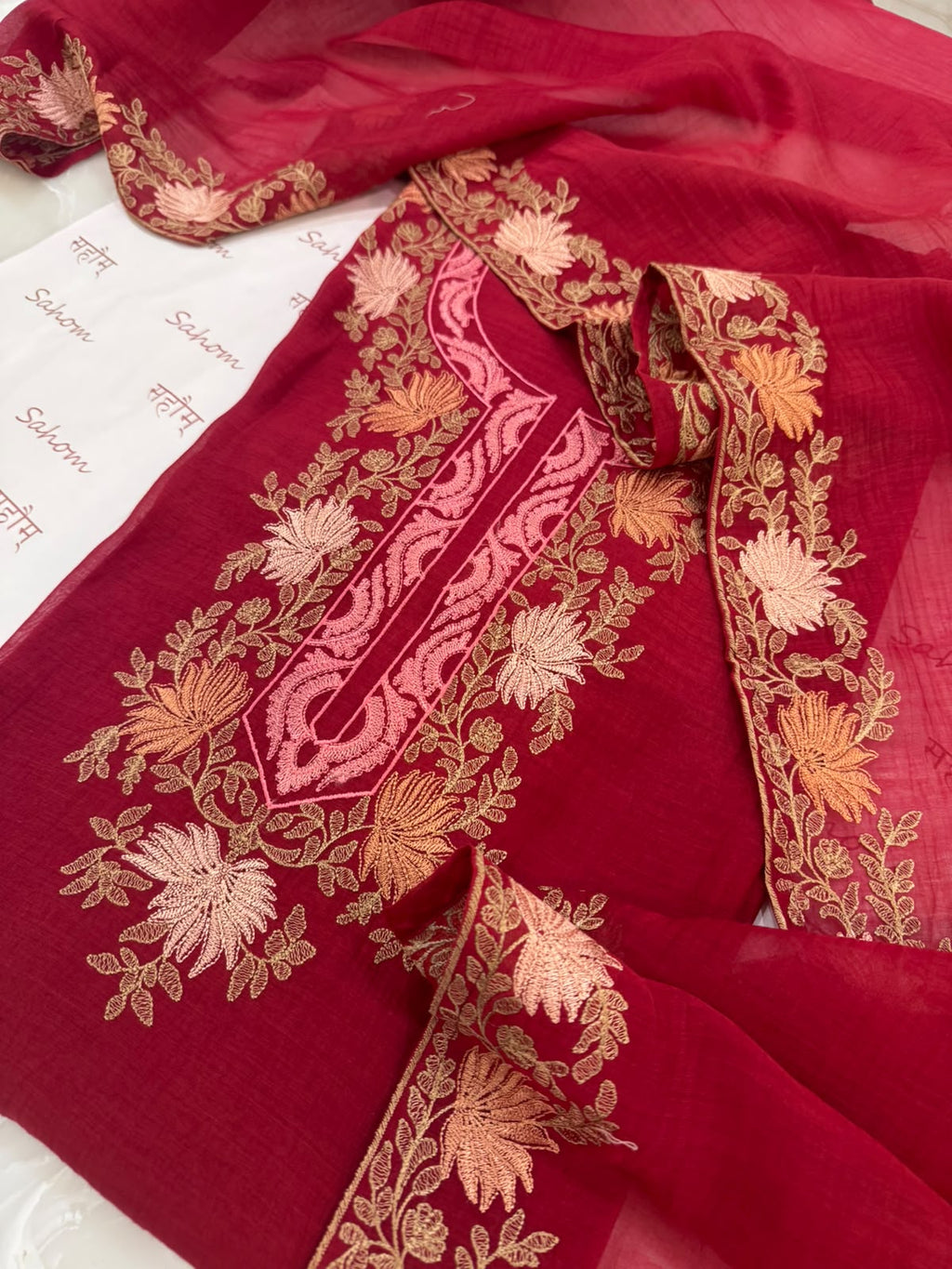 Pure Mul Chanderi Kashmiri Work Embroidered Suit Set
