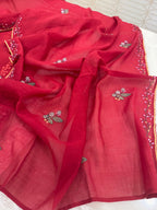 Pure Mul Chanderi Thread Work Embroidered Suit Set – Red