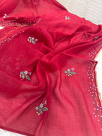 Pure Mul Chanderi Thread Work Embroidered Suit Set – Red