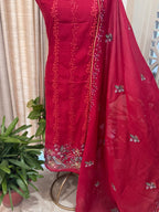 Pure Mul Chanderi Thread Work Embroidered Suit Set – Red