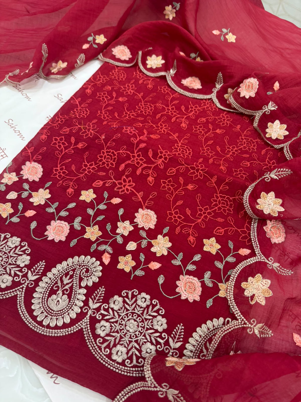 Pure Mul Chanderi Parsi Work Embroidered Red Suit Set