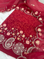 Pure Mul Chanderi Parsi Work Embroidered Red Suit Set
