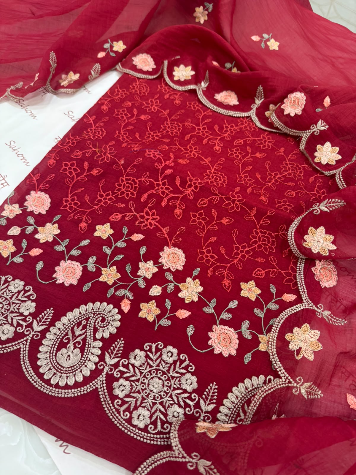 Pure Mul Chanderi Parsi Work Embroidered Red Suit Set