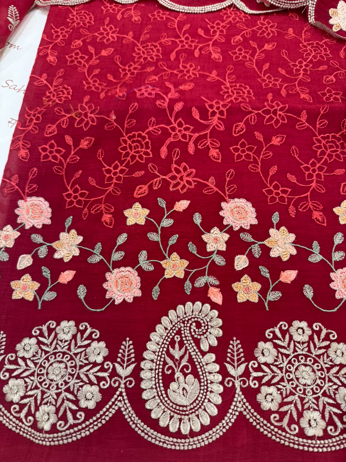 Pure Mul Chanderi Parsi Work Embroidered Red Suit Set