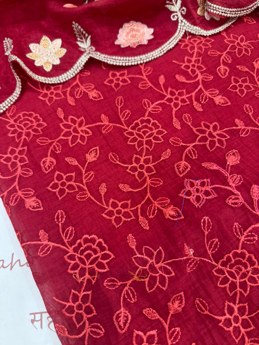 Pure Mul Chanderi Parsi Work Embroidered Red Suit Set